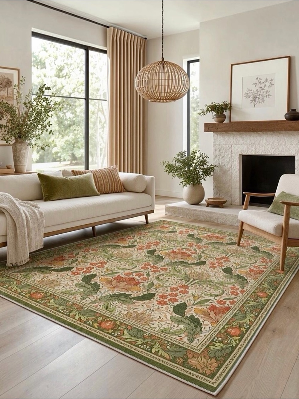 NEW Anthropologie Green Orange Floral Vintage Washable Area Rug Carpet - 5' x 7'